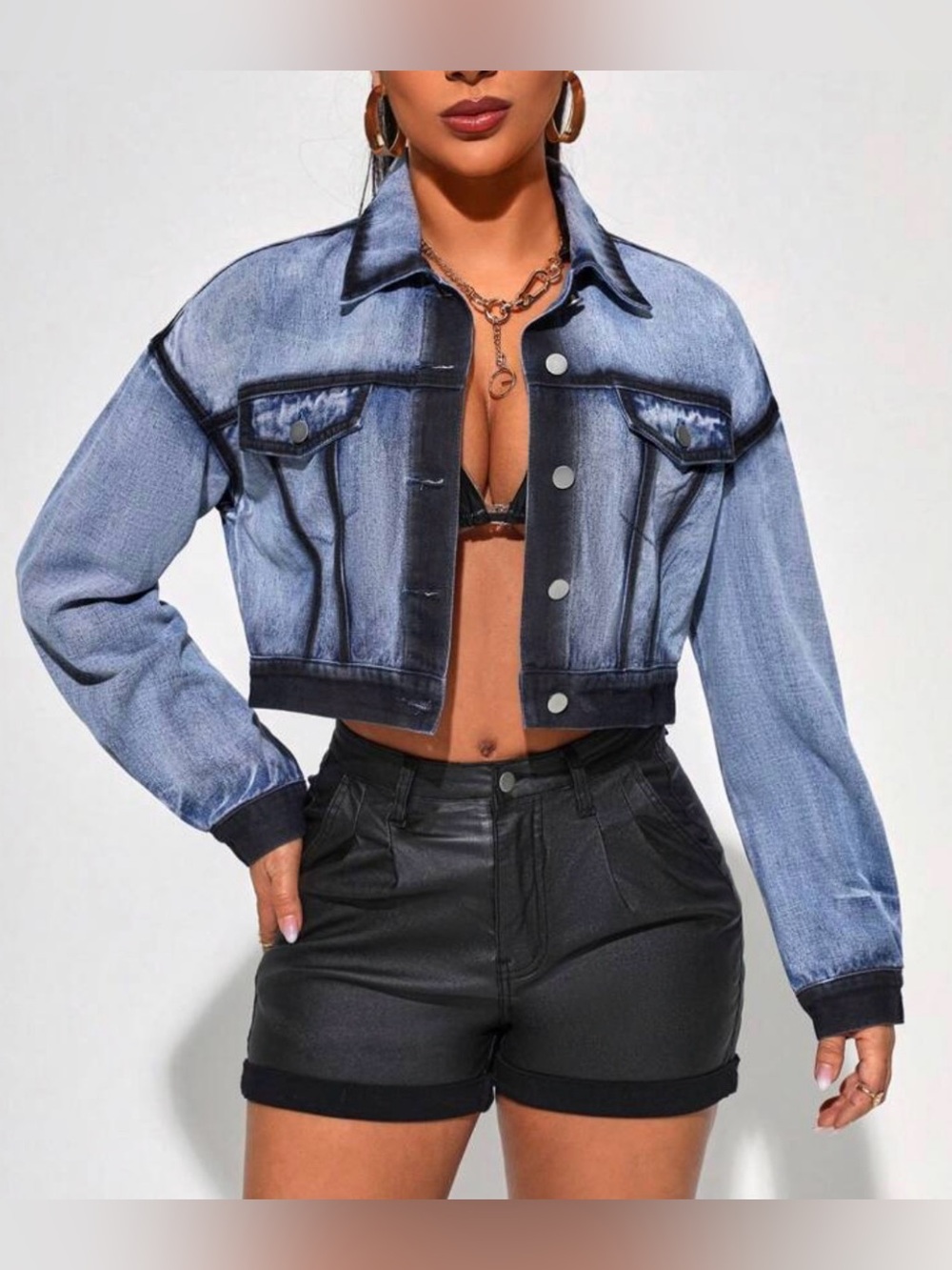 SHEIN Light Blue Cropped Denim Jacket with Dark Trim